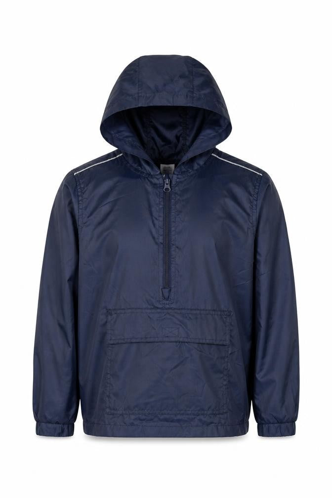 Front view of Back To School boys’ blue rain coat jacket, size S, pullover
