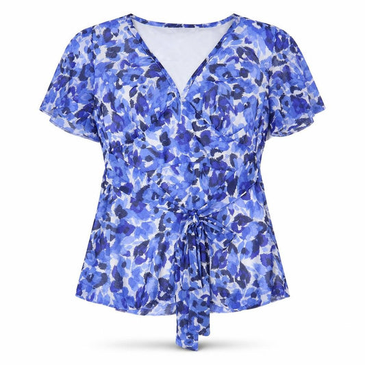 Front view of EWM women’s blue geometric polyester basic t-shirt, size UK 14, v-neck