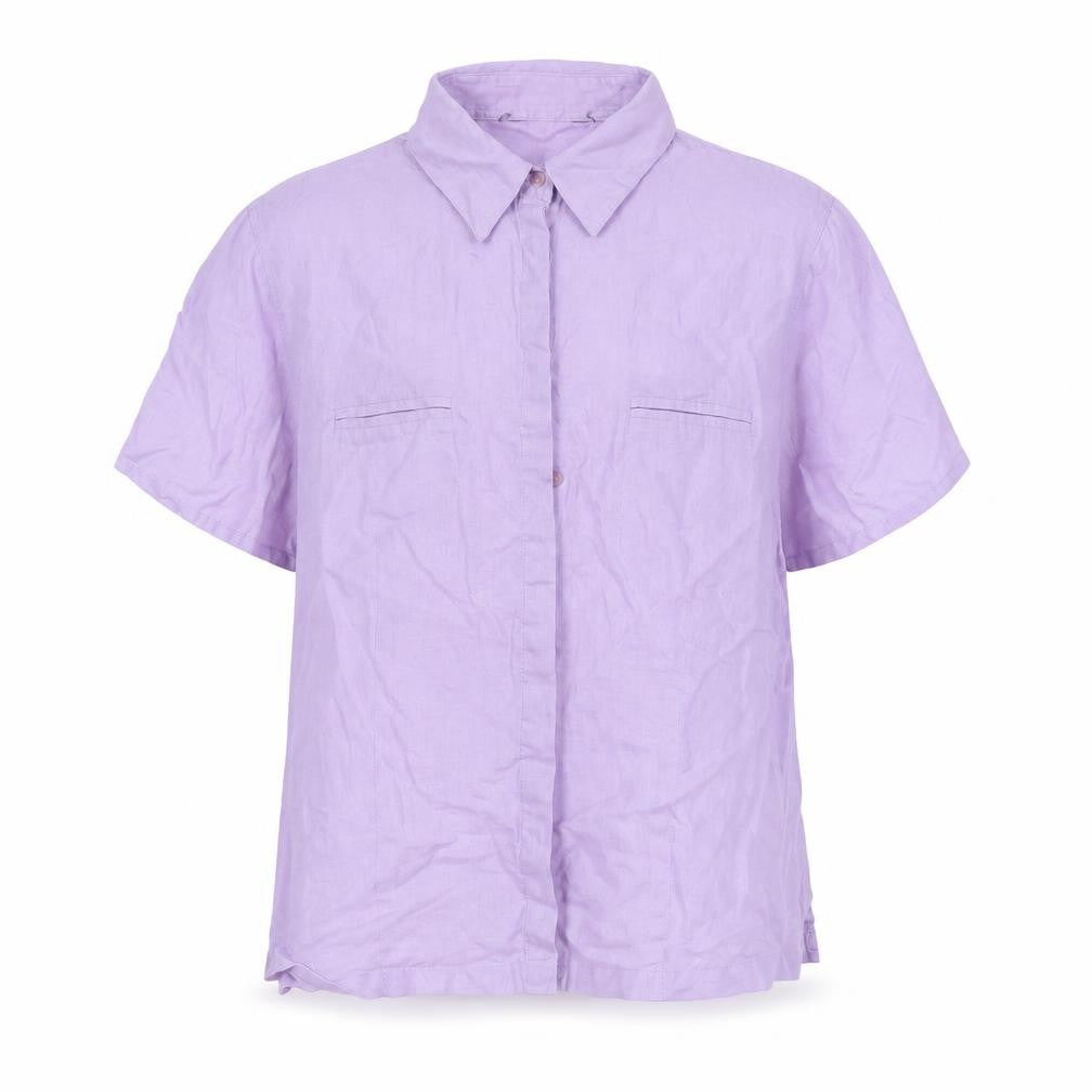 Front view of Preworn boys’ purple linen basic button-up, size M, collared button
