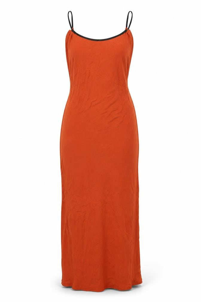 Front view of Atmosphere women’s orange viscose slip dress, size UK 6, off the shoulder pullover