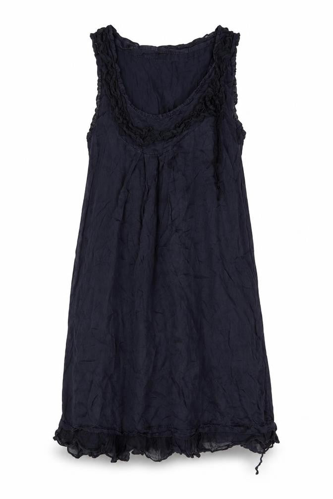 Front view of women’s black polyester tank dress, size L, boat neck pullover