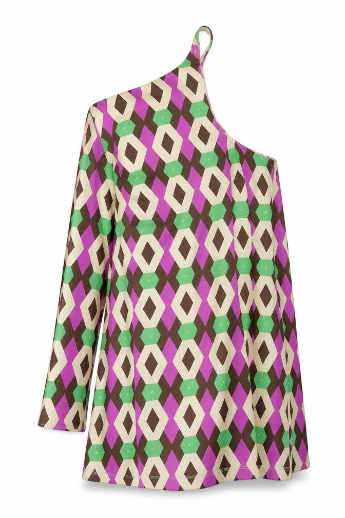 Front view of Zara women’s multicoloured geometric polyester a-line, size M, one shoulder pullover