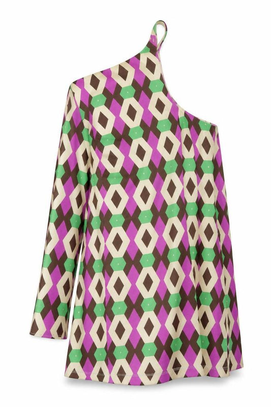 Front view of Zara women’s multicoloured geometric polyester a-line, size M, one shoulder pullover