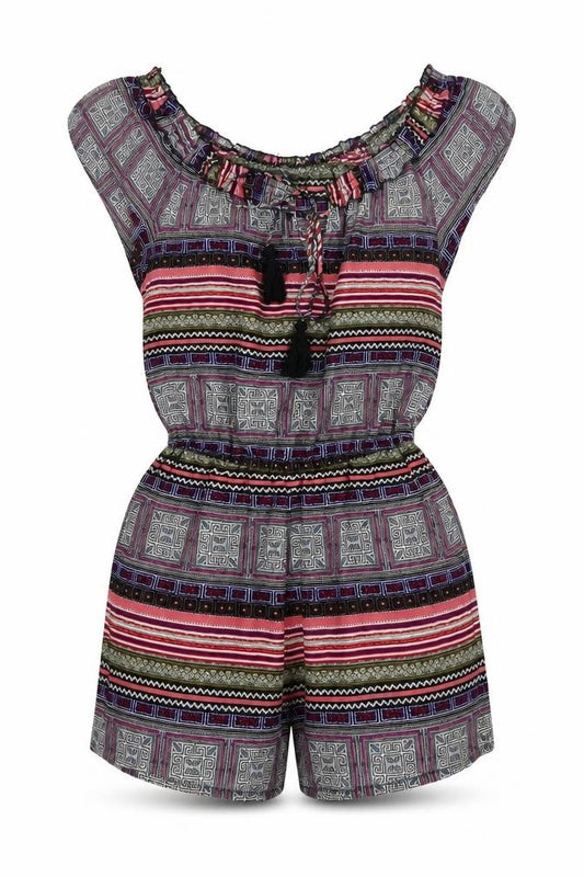 Front view of Primark women’s multicoloured geometric polyester romper one-piece, size UK 6, pullover