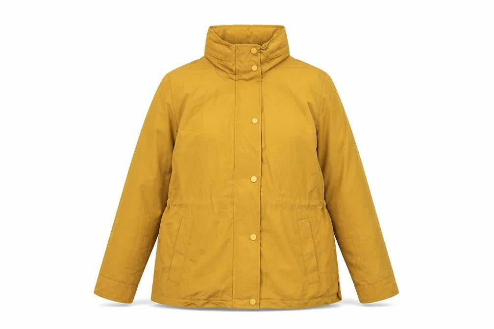 Front view of Marks & Spencer women’s yellow overcoat coat, size UK 14, zip