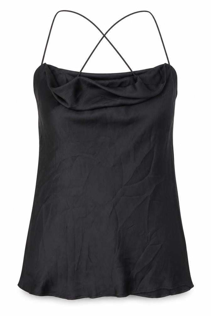 Front view of Zara women’s black polyester jersey tank, size M, cowl neck