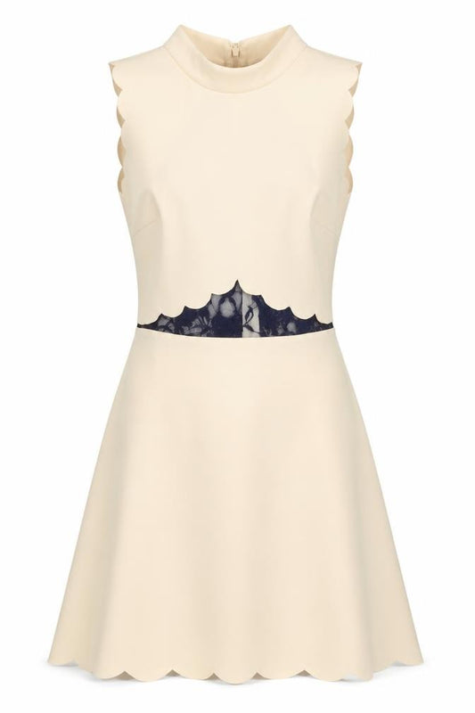 Front view of ASOS women’s beige polyester fit & flare, size UK 6, mock neck zip - lace detail