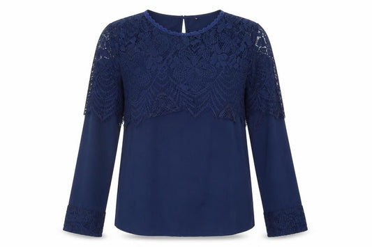 Front view of Preworn women’s blue polyester basic blouse, size M, round neck - lace detail