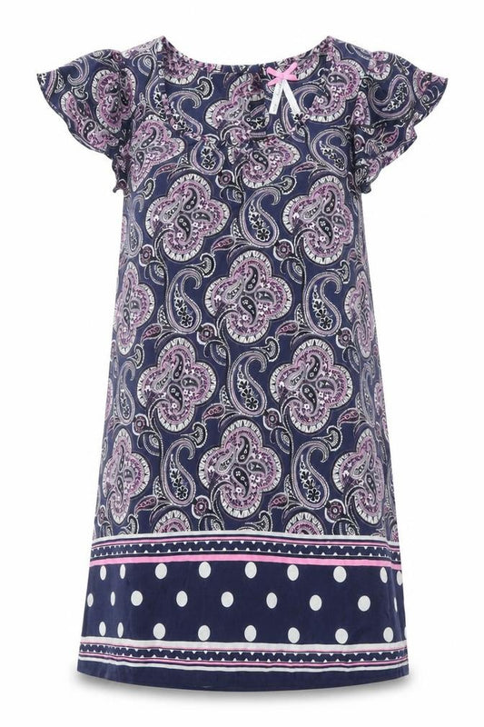 Front view of Next women’s blue paisley polyester a-line, size UK 10, scoop neck button