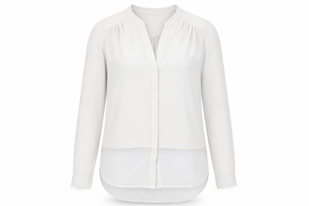 Front view of Rose 7 Olive women’s grey polyester basic blouse, size L, v-neck