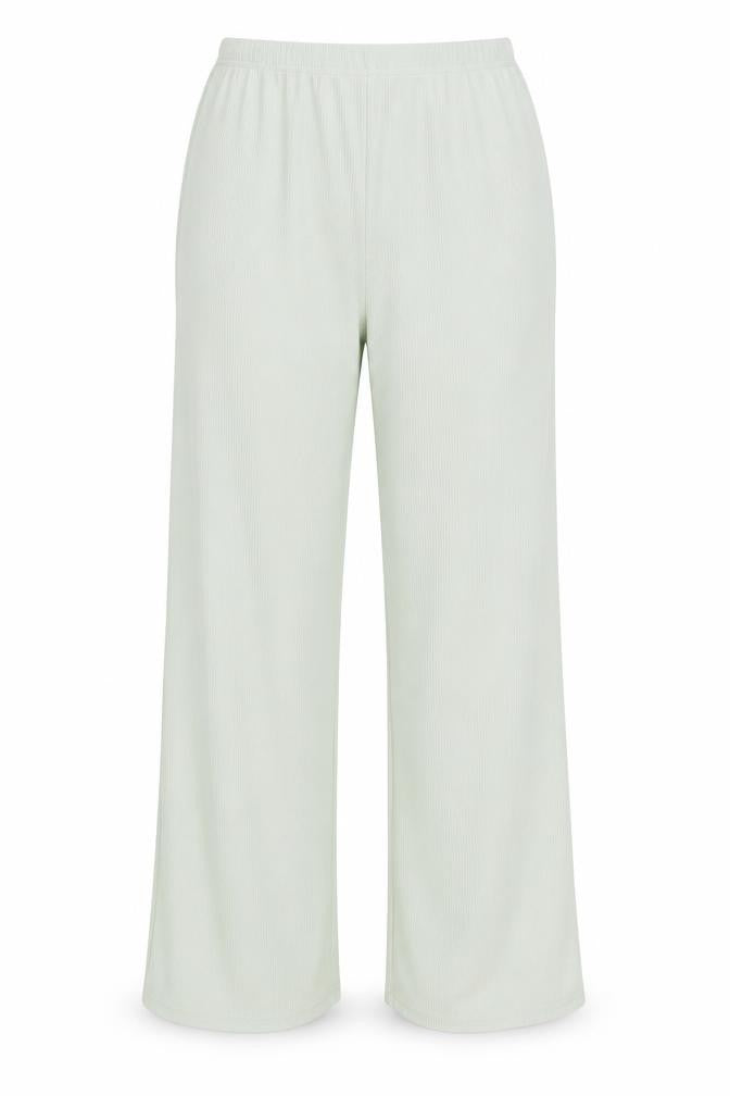 Front view of Stylewise women’s green polyester trousers, size UK 8, 30-inch leg regular - ribbed