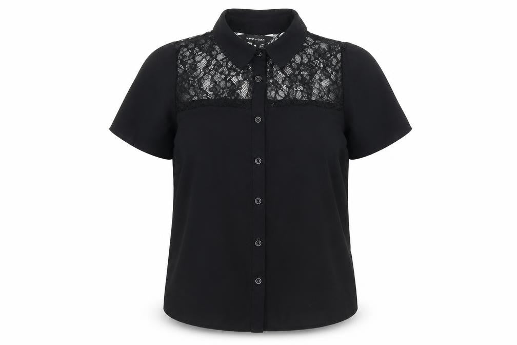 Front view of New Look women’s black polyester basic button-up, size UK 6, collared - lace detail