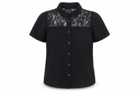 Front view of New Look women’s black polyester basic button-up, size UK 6, collared - lace detail