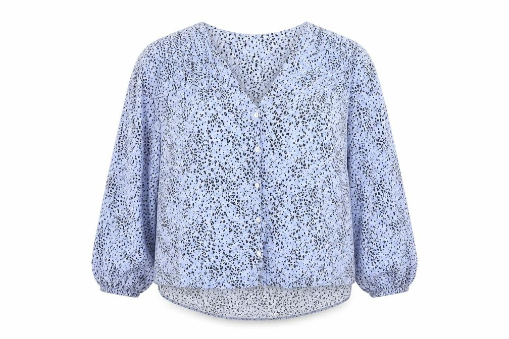 Front view of New Look women’s blue animal print viscose basic button-up, size UK 14, v-neck - leopard print