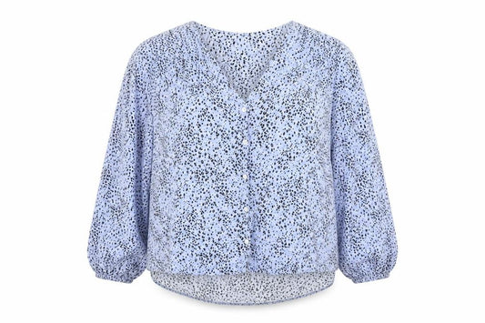 Front view of New Look women’s blue animal print viscose basic button-up, size UK 14, v-neck - leopard print