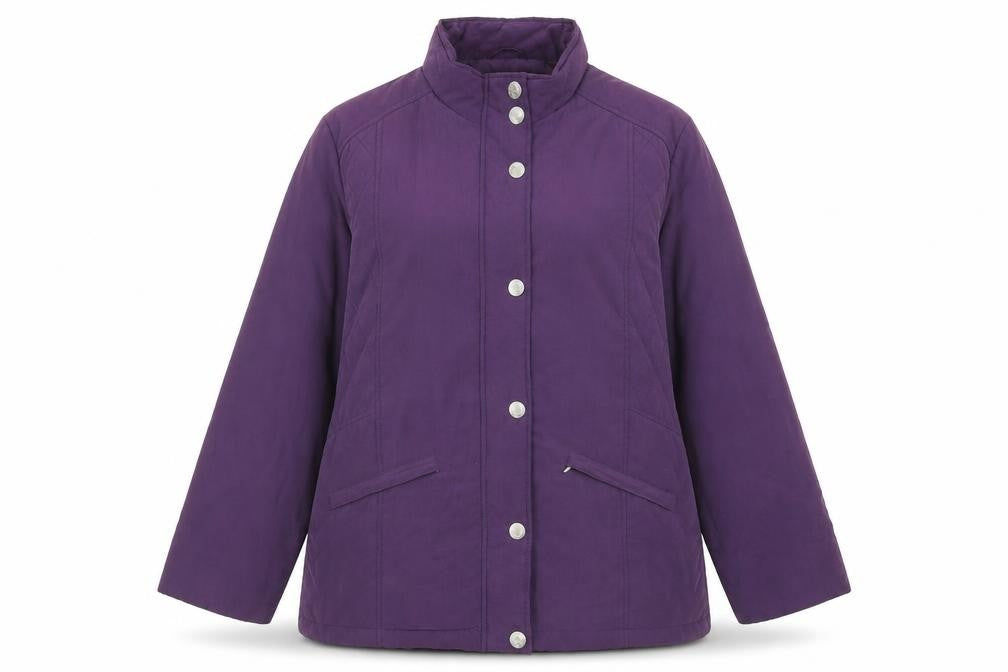 Front view of EWM women’s purple jacket, size UK 14, snap