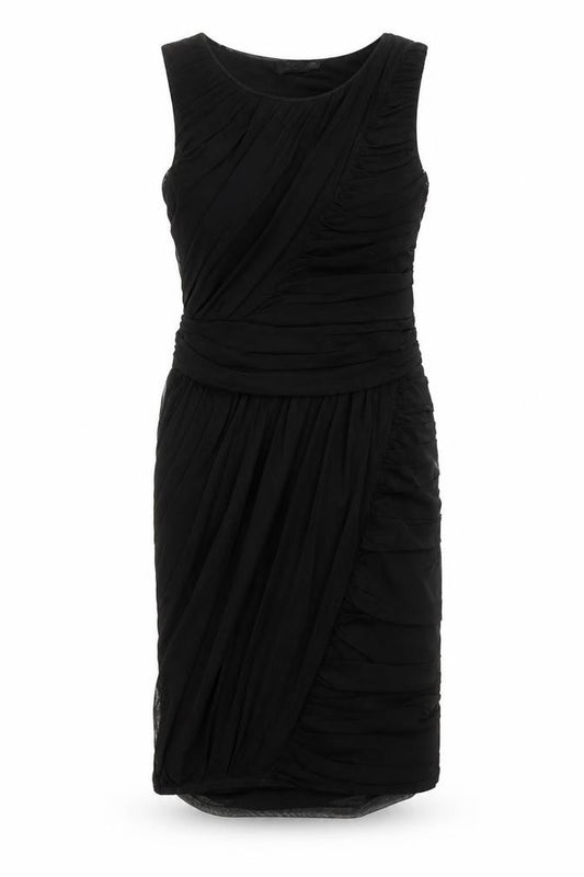 Front view of Savida women’s black polyester a-line, size UK 12, crew neck zip