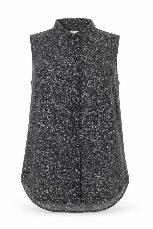 Front view of H&M women’s black geometric polyester basic button-up, size UK 6, collared