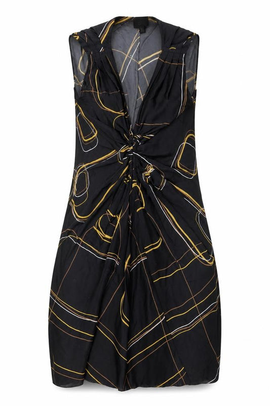 Front view of BR women’s black geometric silk a-line, size UK 6, v-neck pullover