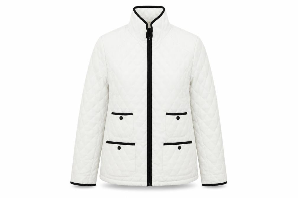 Front view of Gallery women’s white quilted coat, size M, zip