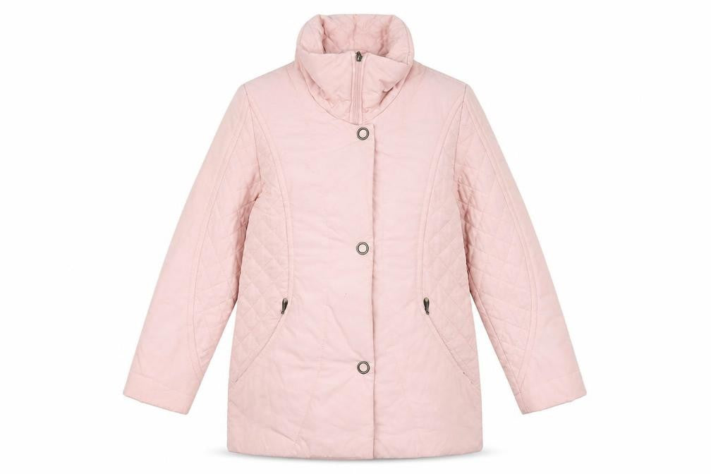 Front view of Marcona women’s pink puffer jacket coat, size UK 36, zip