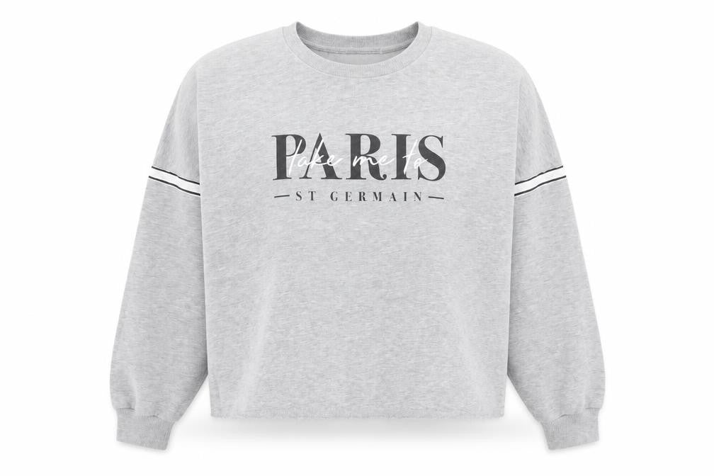 Front view of Primark women’s grey polyester pullover sweatshirt, size M, - paris, glitter