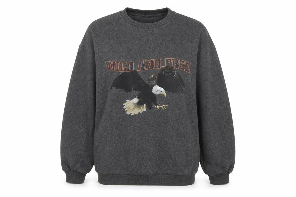 Front view of PRETTYLITTLETHING women’s grey cotton pullover sweatshirt, size S, pullover - eagle wild and free