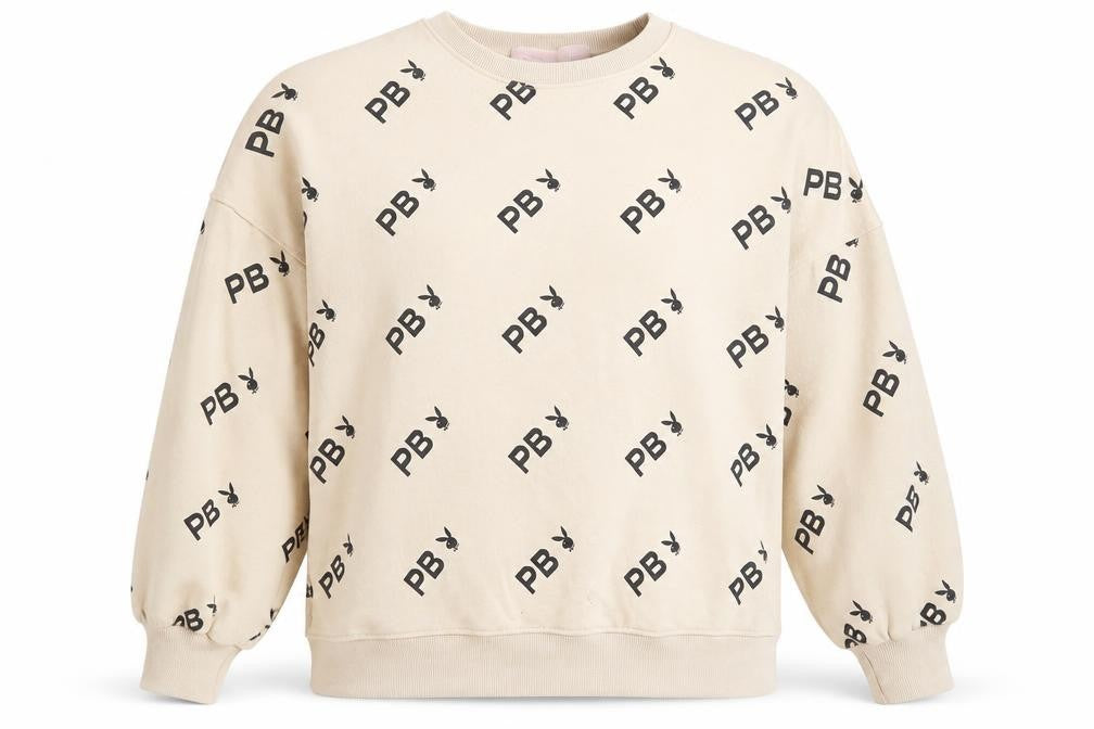 Front view of Missguided women’s beige polyester pullover sweatshirt, size UK 6, pullover - play boy. balloon sleeves