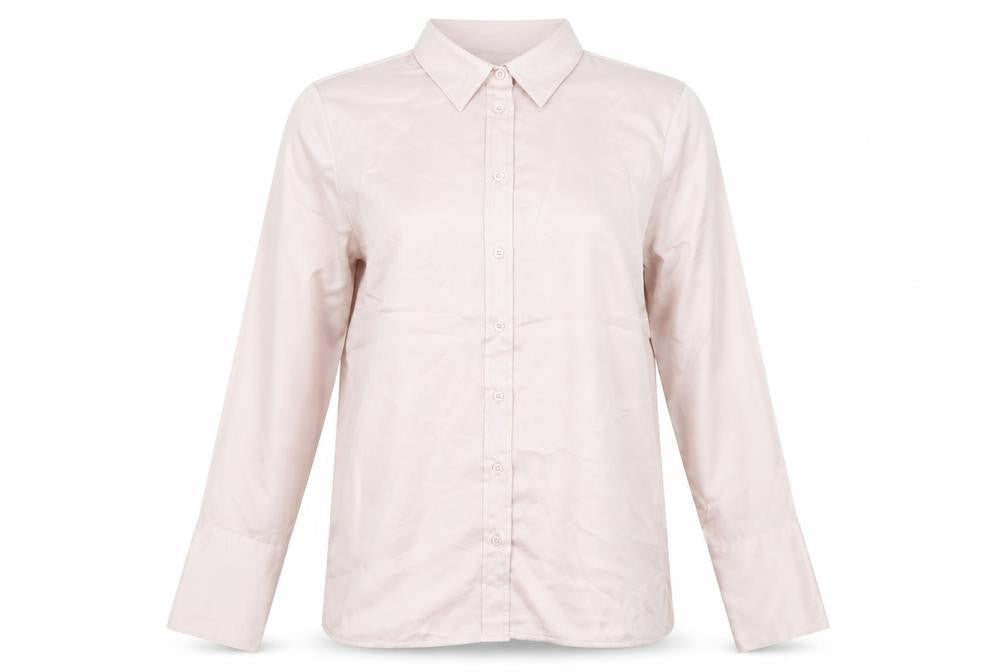 Front view of Mazing women’s pink polyester basic button-up, size S, collared