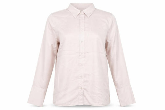 Front view of Mazing women’s pink polyester basic button-up, size S, collared