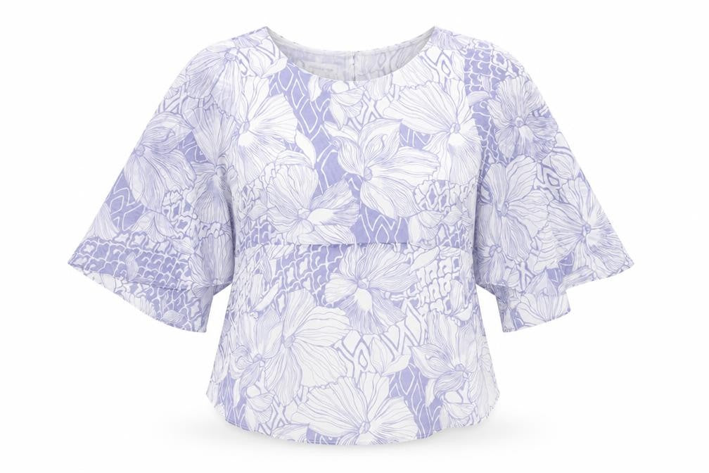 Front view of Monsoon women’s purple geometric polyester basic blouse, size UK 10, round neck