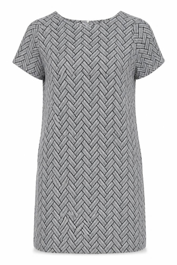 Front view of H&M women’s grey chevron viscose t-shirt dress, size UK 8, round neck pullover