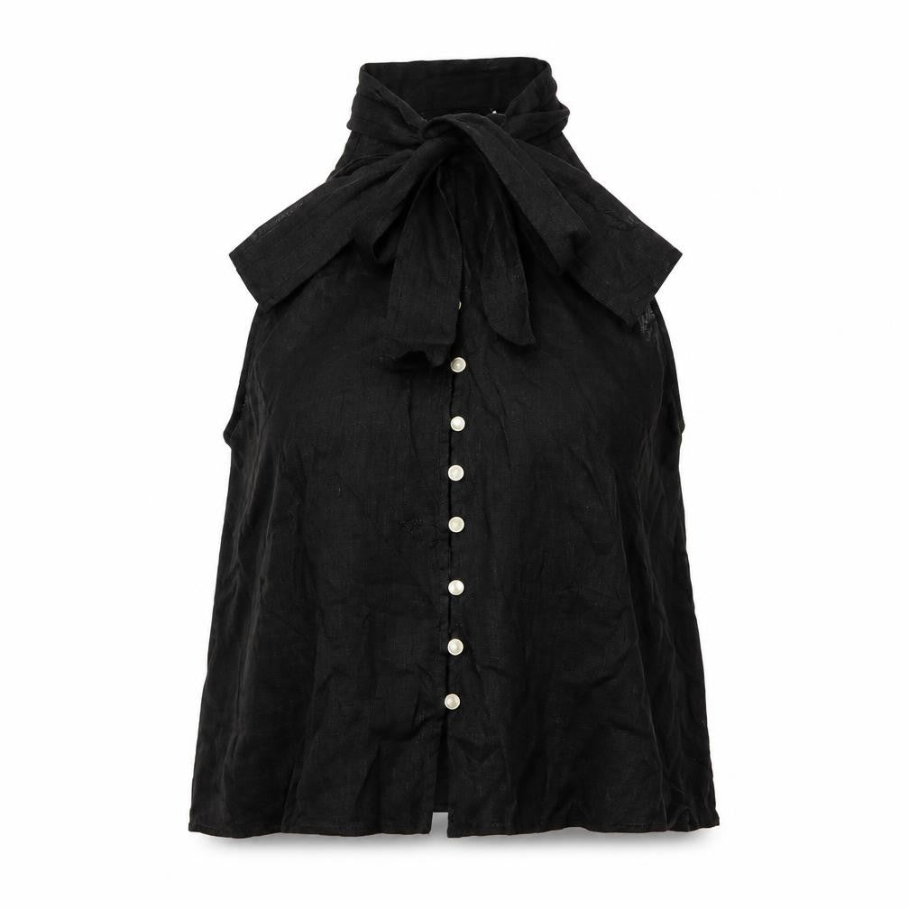 Front view of Zara women’s black viscose basic button-up, size XS, round neck - neck tie