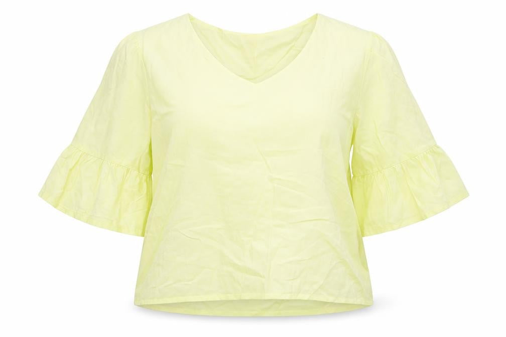 Front view of Preworn women’s yellow viscose basic blouse, size UK 12, v-neck