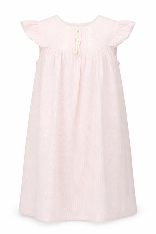 Front view of women’s pink striped viscose a-line, size UK 14, round neck pullover - lace trim, size UK 14-16
