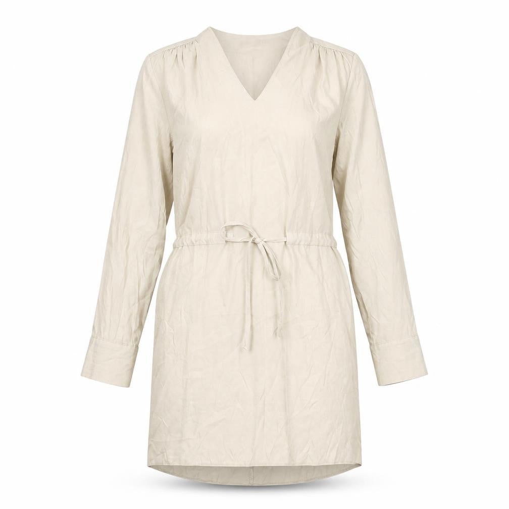 Front view of Primark women’s beige polyester shift, size UK 8, v-neck pullover - drawstring waist
