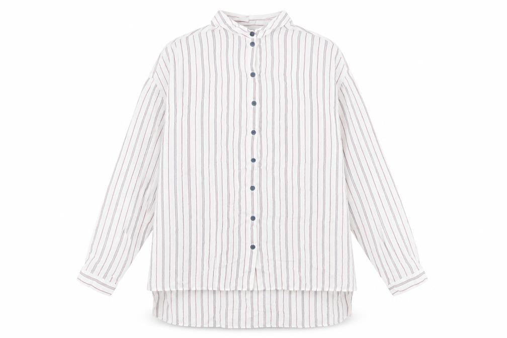 Front view of Topshop women’s multicoloured striped viscose basic button-up, size UK 10, collared