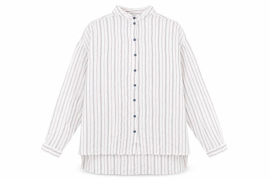 Front view of Topshop women’s multicoloured striped viscose basic button-up, size UK 10, collared