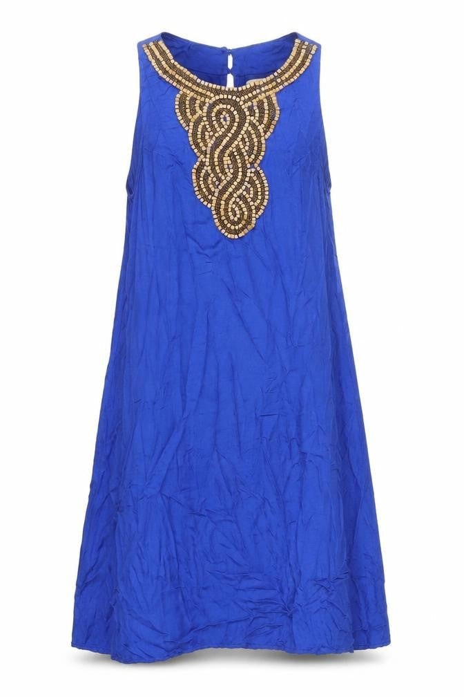 Front view of Indigo & Rose women’s blue viscose a-line, size S, high neck pullover