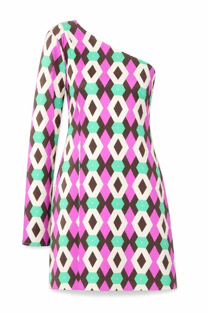 Front view of Zara women’s multicoloured geometric polyester mini, size XS, one shoulder zip