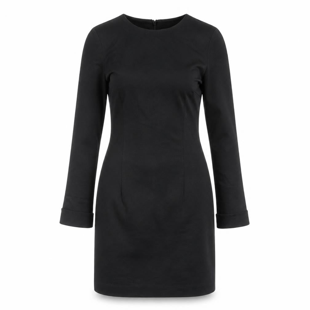 Front view of H&M women’s black viscose bodycon, size UK 8, round neck zip