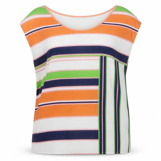 Front view of Zara women’s multicoloured striped polyester basic blouse, size M, round neck