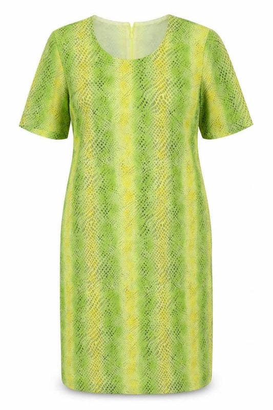Front view of Mark Wald women’s green animal print polyester a-line, size UK 14, scoop neck zip - snake skin print