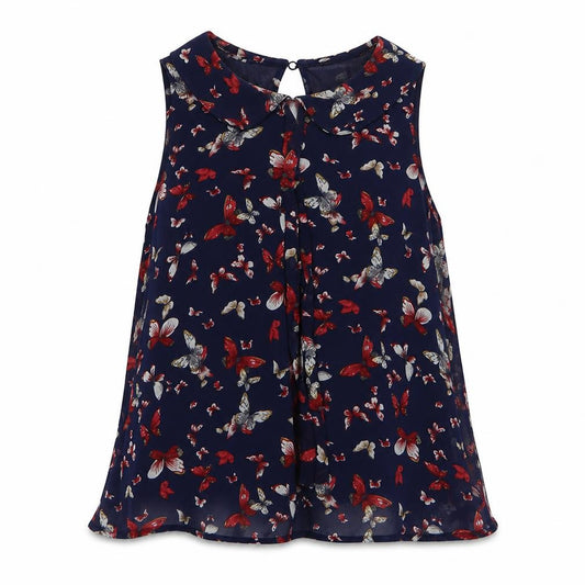 Front view of New Look women’s blue geometric polyester basic blouse, size S, collared - butterfly pattern