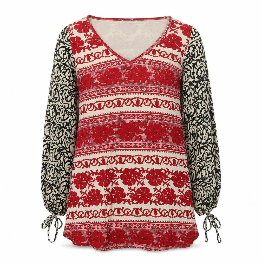 Front view of H&M women’s red geometric viscose a-line, size S, v-neck pullover
