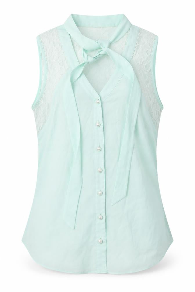 Front view of Lipsy women’s green polyester jersey tank, size UK 8, mock neck - lace pattern
