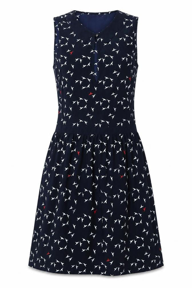 Mango Womens Blue Polyester A-Line Size S Crew Neck Zip - Birds