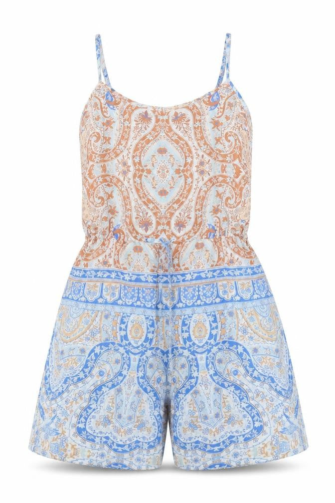 Front view of Collection women’s multicoloured floral polyester playsuit one-piece, size UK 6, 5-inch leg pullover