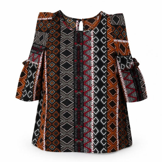 Front view of Papaya women’s multicoloured geometric polyester basic blouse, size UK 10, round neck