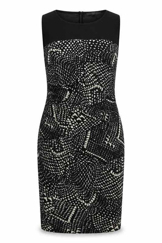 Front view of Next women’s black geometric polyester a-line, size UK 14, boat neck button